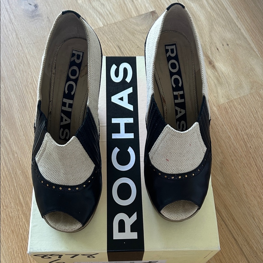 Rochas Elegant Black and Cream Peep-Toe Heels